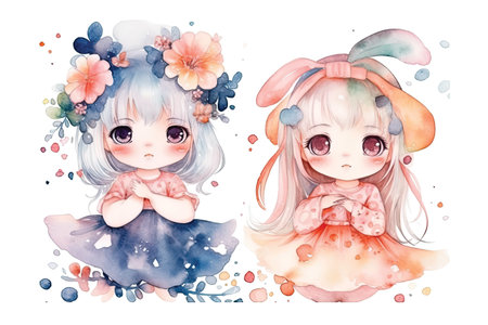 Cute watercolor girls with flowers. Hand-drawn illustration.の素材