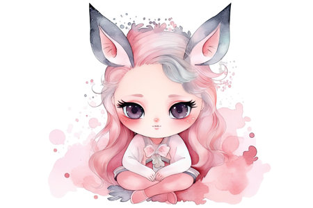 Cute little girl with pink hair in a rabbit costume. Watercolor illustration.の素材