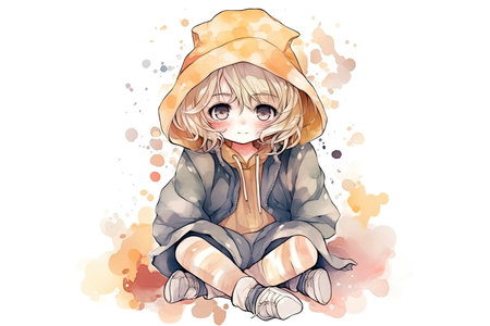 Illustration of a little girl in a raincoat and hat.の素材