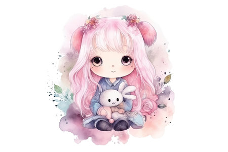 Cute watercolor illustration of a cute little girl with a rabbit.の素材