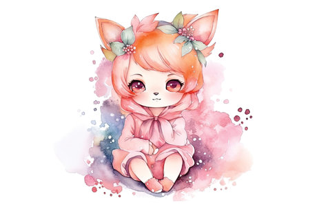 Cute watercolor illustration with a little girl in a pink dressの素材