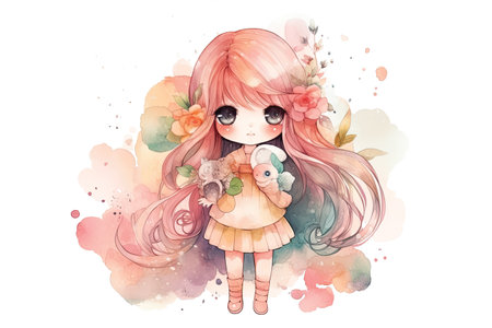 Cute watercolor girl with flowers and teddy bear. Vector illustration.の素材