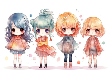 Cute cartoon girls with different hairstyles. Watercolor illustration.の素材