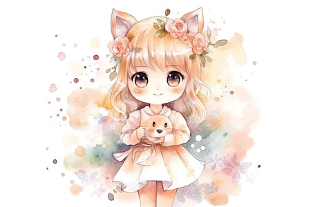 Cute watercolor illustration of a little girl with a cat in her armsの素材