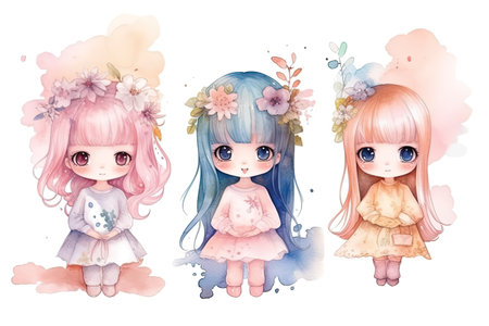 Cute watercolor hand drawn cute little girls with flowers in their hairの素材