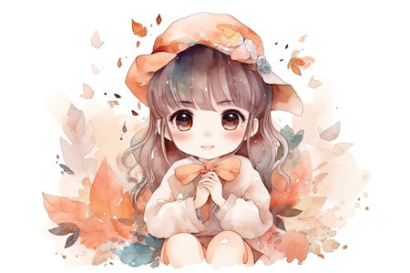 Cute little girl with autumn leaves. Watercolor illustration on white background.の素材