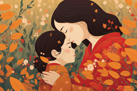 Mother and daughter kissing in the autumn park. Vector illustration in retro style.の素材