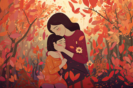 Mother and daughter in the autumn forest. Happy family. Vector illustration.の素材