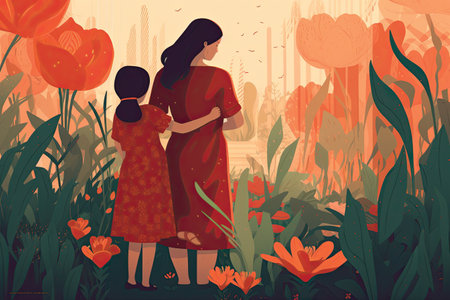 Mother and daughter in the park with tulips. Vector illustration.の素材