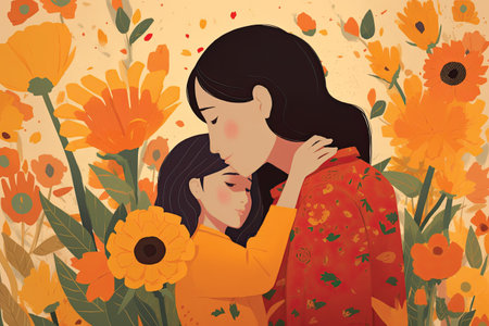 Mother and daughter hugging each other in flower garden. Vector illustration.の素材