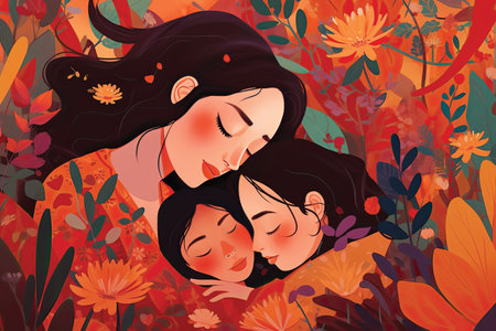 Vector illustration of mother and daughter sleeping on a meadow of flowersの素材