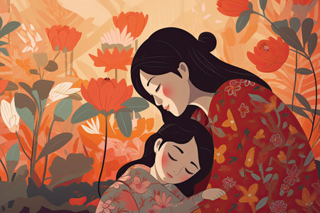 Mother and daughter sleeping in the autumn forest. Illustration in vector formatの素材