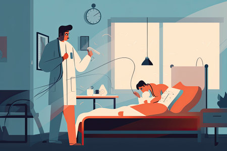 Doctor checking patient temperature in hospital room. Vector illustration in flat styleの素材