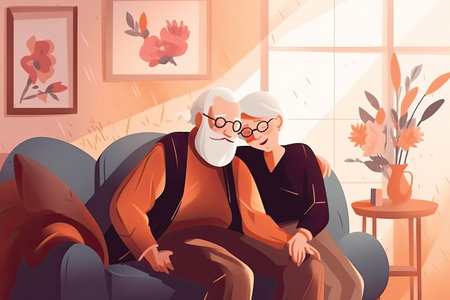 Elderly couple sitting on sofa in living room, vector illustrationの素材