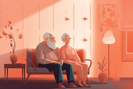 Vector illustration of an elderly couple sitting on a sofa in the living room.の素材