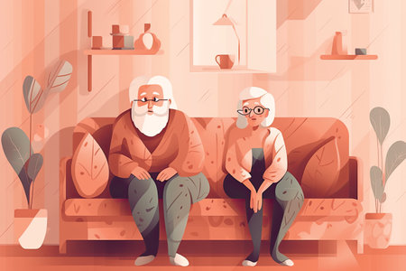 Elderly couple sitting on sofa at home. Vector cartoon illustrationの素材