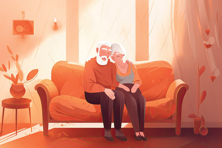 Elderly couple sitting on sofa in living room at home. Vector illustrationの素材