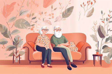 Elderly couple sitting on sofa in living room. Flat vector illustration.の素材