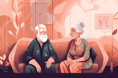 Happy elderly couple sitting on sofa in living room. Vector illustration.の素材