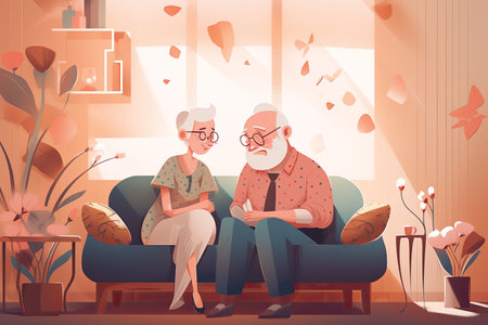 Elderly couple sitting on sofa at home. Vector illustration in cartoon styleの素材