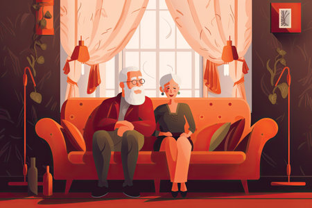 Old man and woman sitting on sofa in living room. Vector illustration in flat styleの素材