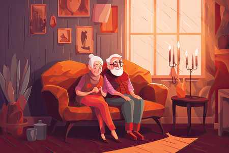 Elderly couple sitting on sofa in living room vector illustration. Cartoon elderly couple, grandmother and grandfather spend time together at home.の素材
