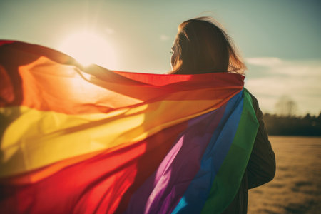 young woman with rainbow flag in the field at sunset, freedom conceptの素材