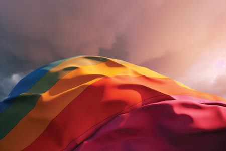 Rainbow flag waving in the wind against blue sky with sun raysの素材