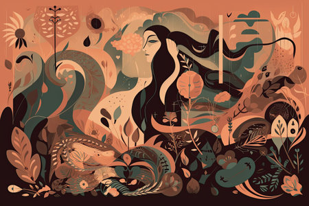 Vector illustration of a girl with a long hair in a forest.の素材
