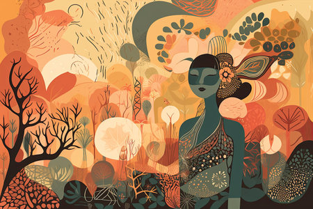 Vector illustration of a beautiful woman in the forest with a lot of trees.の素材