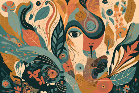 Abstract vector floral background with woman face and flowers. Hand drawn illustrationの素材