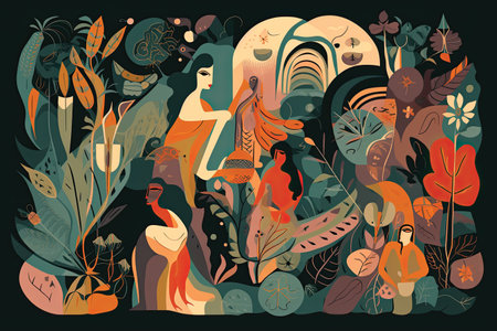 Vector hand drawn illustration with abstract people and plants. Creative universal art background.の素材