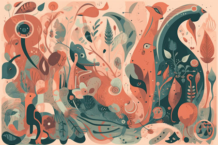 Hand drawn vector abstract floral illustration with fantasy plants, flowers, birds and leaves.の素材