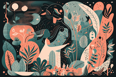 Vector illustration of a girl in the forest. The girl is surrounded by plants.の素材