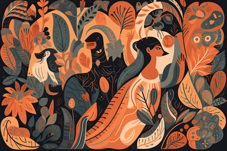 Vector illustration of a floral pattern with women in the style of Doodle.の素材