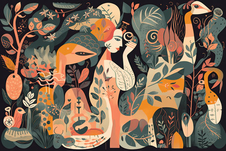 Vector illustration of a girl in the jungle with birds and plants.の素材