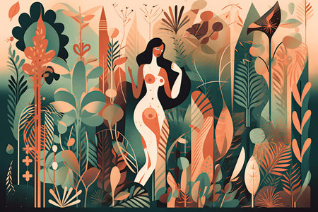 Beautiful woman in the jungle. Vector illustration in flat style.の素材