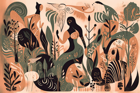 Vector illustration of a beautiful woman in the jungle. Hand drawing.の素材