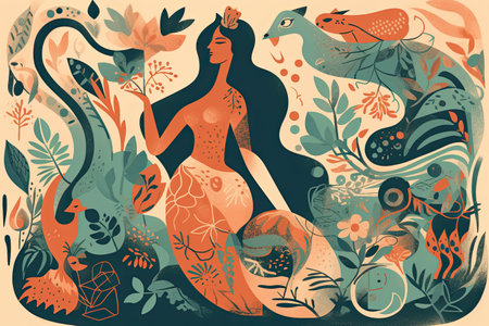 Vector illustration of a beautiful woman with flowers, leaves and birds.の素材