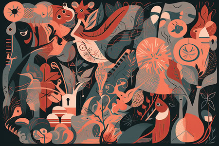 Vector illustration with hand drawn plants and animals in the style of Doodle.の素材