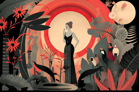 Fantasy stylized illustration of a beautiful woman in a black dress walking through the jungle.の素材