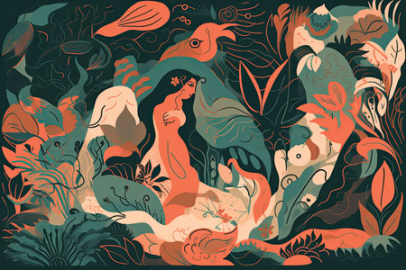 Vector illustration of a beautiful woman surrounded by tropical plants and flowers.の素材