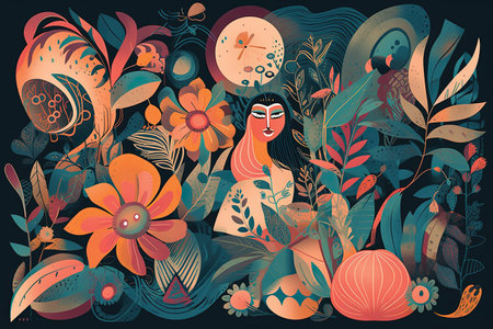 Vector illustration of a floral background with flowers, leaves and butterflies.の素材