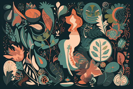 Vector illustration of a woman silhouette surrounded by tropical plants and flowers.の素材