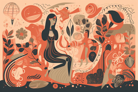 Vector illustration of a beautiful woman on the background of plants and flowersの素材