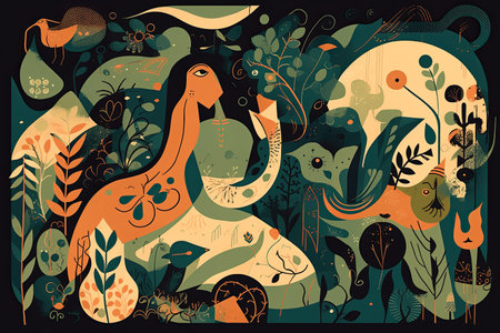 Vector illustration of a girl in the forest with plants and flowers.の素材
