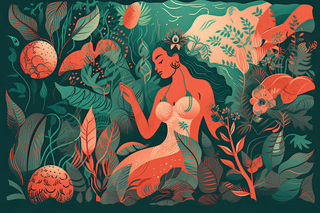 Beautiful girl in the jungle. Vector illustration of a girl in a bikini.の素材