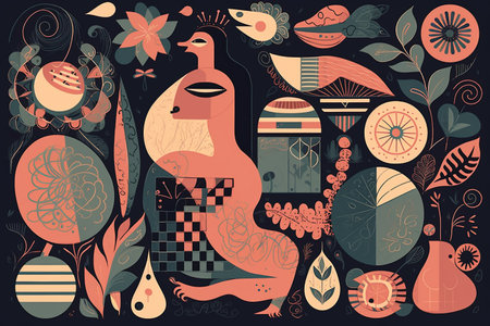 Vector illustration with hand drawn elements, birds, flowers and plants.の素材