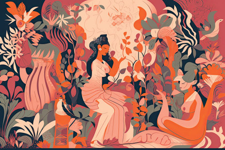 Vector illustration of a beautiful woman in a long dress in the garden.の素材