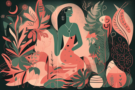 Vector illustration of a beautiful woman in a hat among tropical leaves.の素材